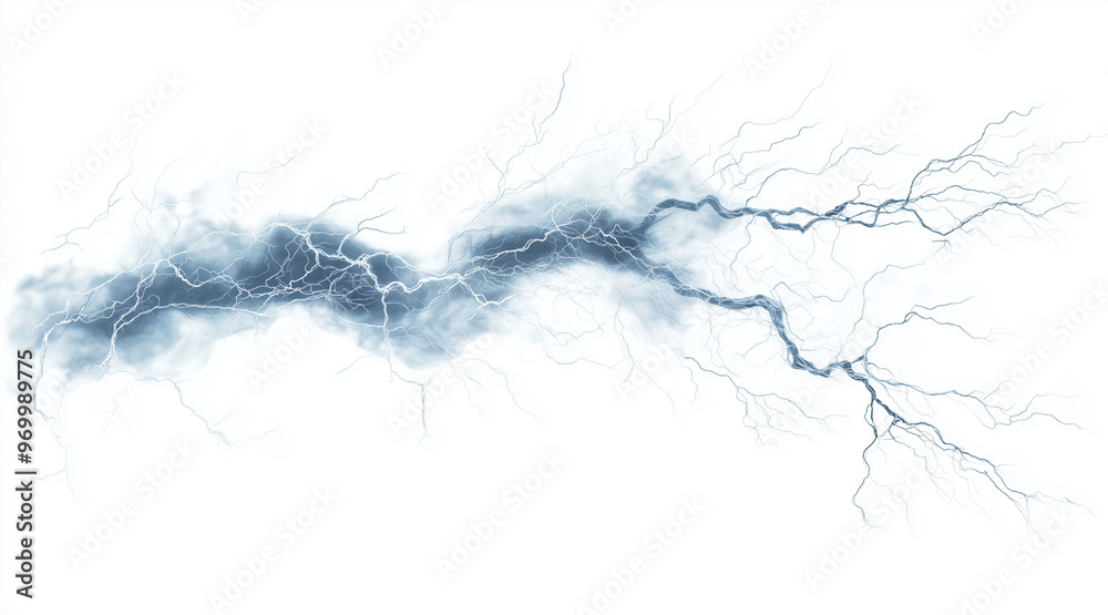 Dynamic lightning bolt frozen in mid-strike isolated on a white background. Weather phenomena isolated on white. Photo realistic photo.
Dynamic lightning bolt frozen in mid-strike isolated on a white background. Weather phenomena isolated on white. Photo realistic photo.