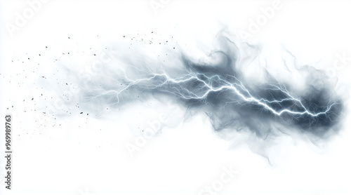 Dynamic lightning bolt frozen in mid-strike isolated on a white background. Weather phenomena isolated on white. Photo realistic photo. 