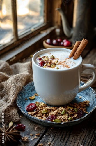 Warm beverage with granola and cinnamon served in a cozy setting during autumn