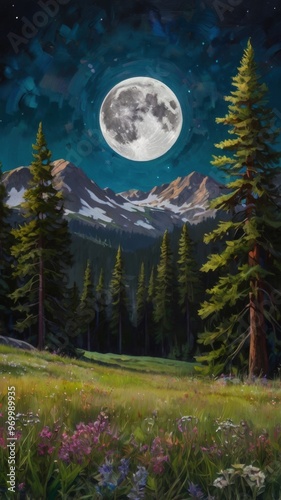 Moonlit Night in the Mountains and Mystical Forest Landscape