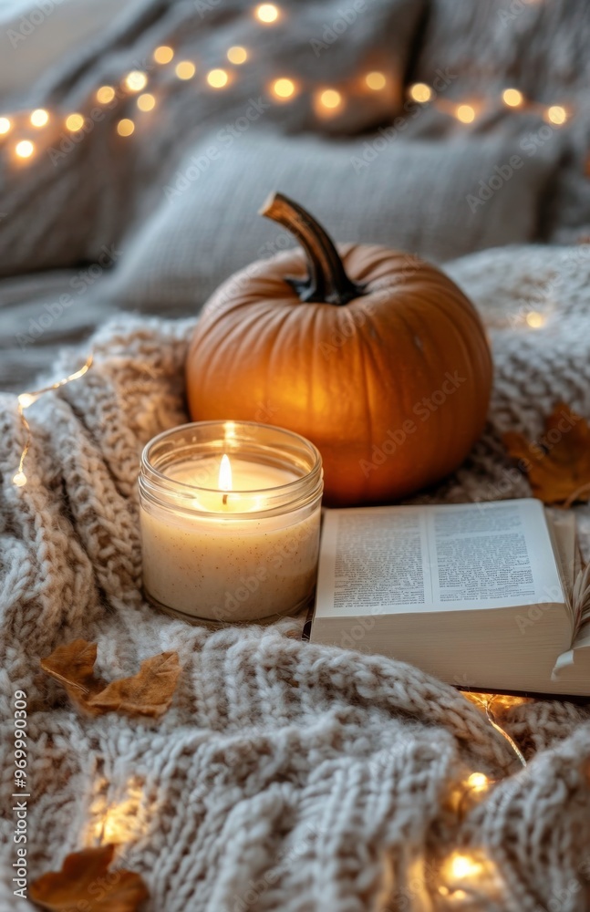 Cozy autumn evening with a pumpkin, candle, and an open book by the window on a warm blanket Cozy autumn evening with a pumpkin, candle, and an open book by the window on a warm blanket