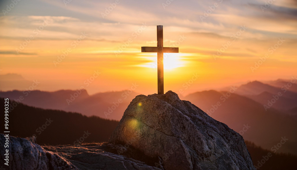Christian cross on mountain peak at sunset. Christian cross on mountain peak at sunset.