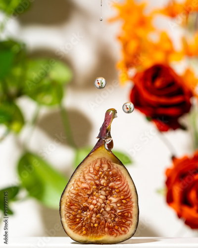 fig with water droplets and fall flowers