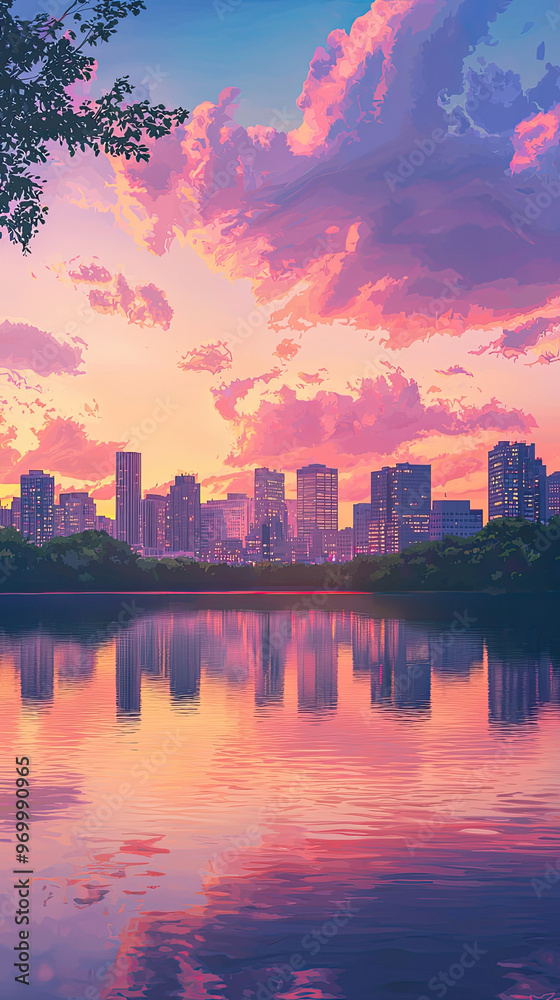 Fototapeta premium A serene depiction of city skyline reflected in calm lake at sunset