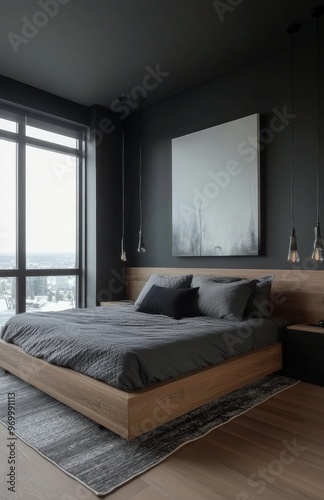 Modern bedroom with large windows showcasing city views and a cozy ambiance
