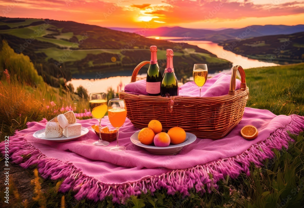 Fototapeta premium charming romantic sunset picnic setup amidst breathtaking landscape vibrant colors natural beauty, nature, scenery, view, grass, blanket, food, drink