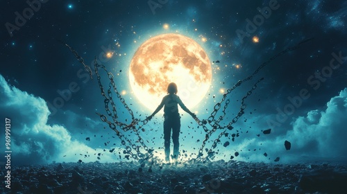 a figure breaking chains under the full moon a powerful symbol of freedom and liberation photo