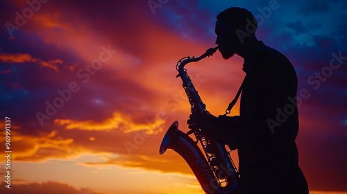 Against a mesmerizing sunset, the silhouette of a skilled saxophonist emerges, their fingers dancing nimbly over the instrument photo