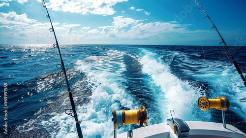 Boat fishing trolling panoramic view with rods and reels on a blue sea.