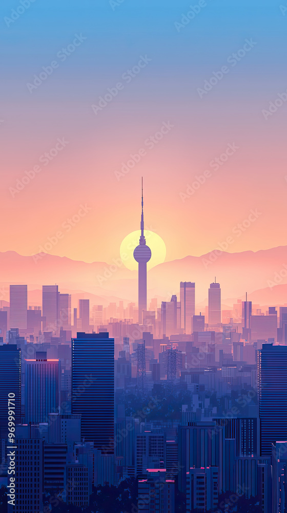 Obraz premium A serene illustration of city skyline at dawn with soft colors