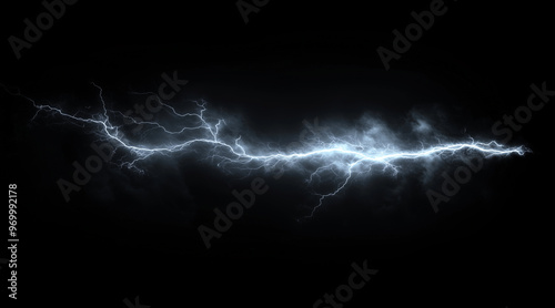 Dynamic lightning bolt frozen in mid-strike isolated on a black background. Weather phenomena isolated on white. Photo realistic photo.
