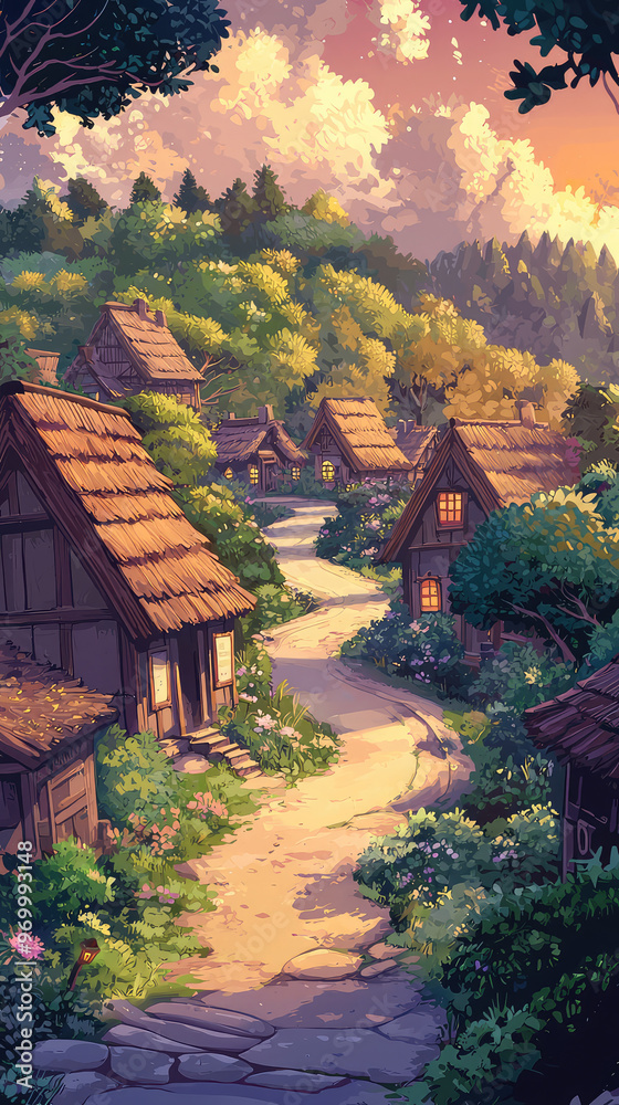 Fototapeta premium A serene illustration of quiet village with thatched roofs and blooming flowers