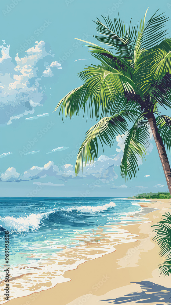 Obraz premium A serene illustration of tranquil beach with palm trees and gentle waves