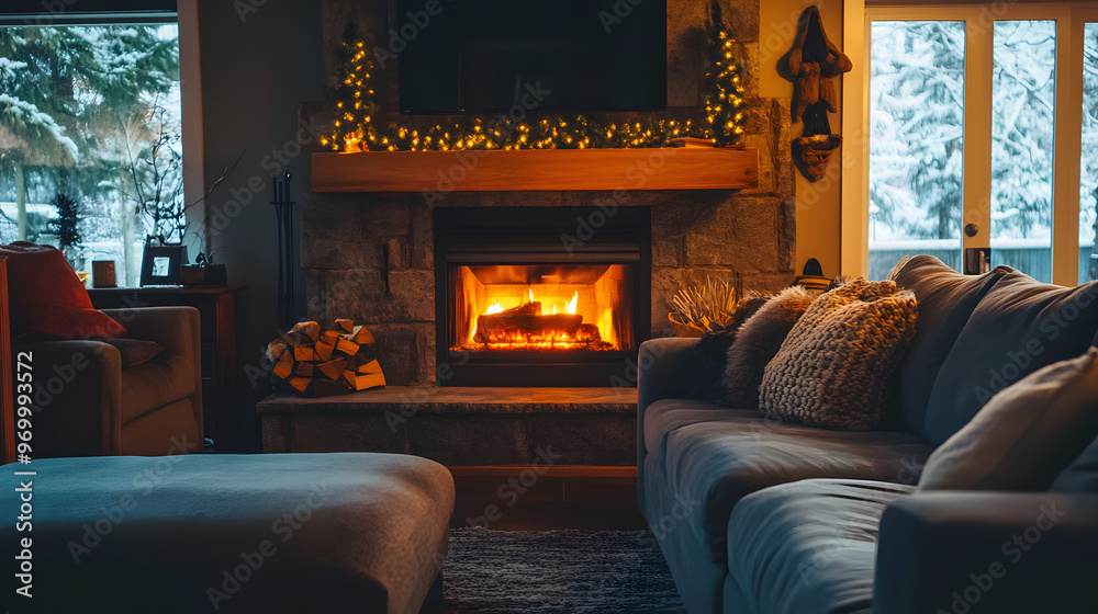 A cozy living room with a fireplace and large sectional sofa. A cozy living room with a fireplace and large sectional sofa.