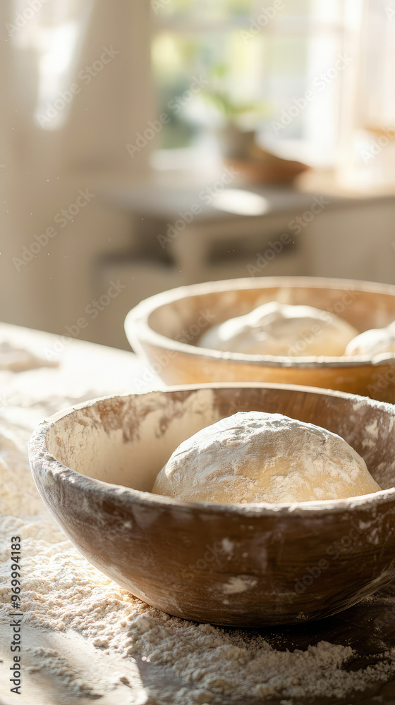 Fototapeta premium A serene view of kitchen with dough rising in bowls, creating warm atmosphere