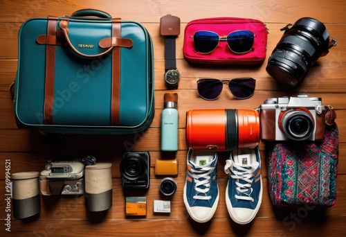 vibrant travel essentials neatly arranged stylish suitcase showcasing colorful accessories every journey, adventure, arrangement, backpack, bags, clothing photo