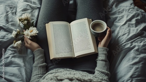 Cozy winter afternoon with a book and coffee, surrounded by flowers in a warm...