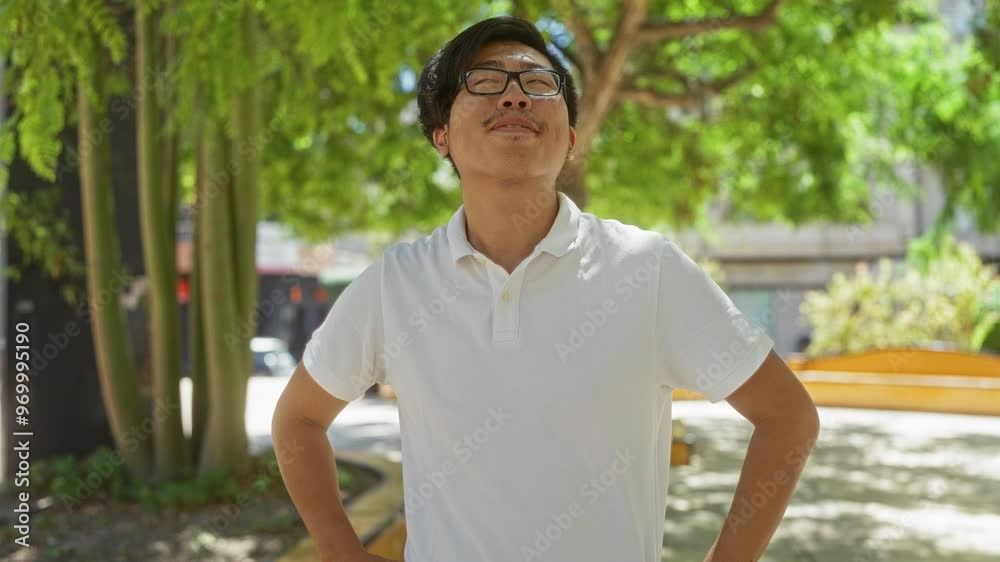 Young man standing outdoors in an urban park with greenery wearing glasses and a white shirt looking upward in a bright sunlit day Young man standing outdoors in an urban park with greenery wearing glasses and a white shirt looking upward in a bright sunlit day