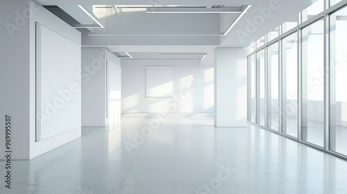 Empty white room with large windows and a blank canvas, sun beams shining through the windows.