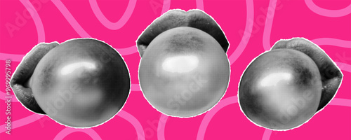 Halftone collage banner, cut out newspaper mouths blowing bubbles from bubble gum. Paper lips, girly elements on pink bright background with doodle lines.