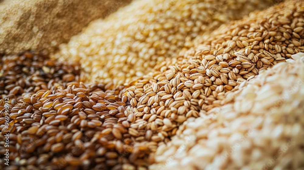 Obraz premium Grains in close-up, varied colors and sizes, including brown, yellow, white