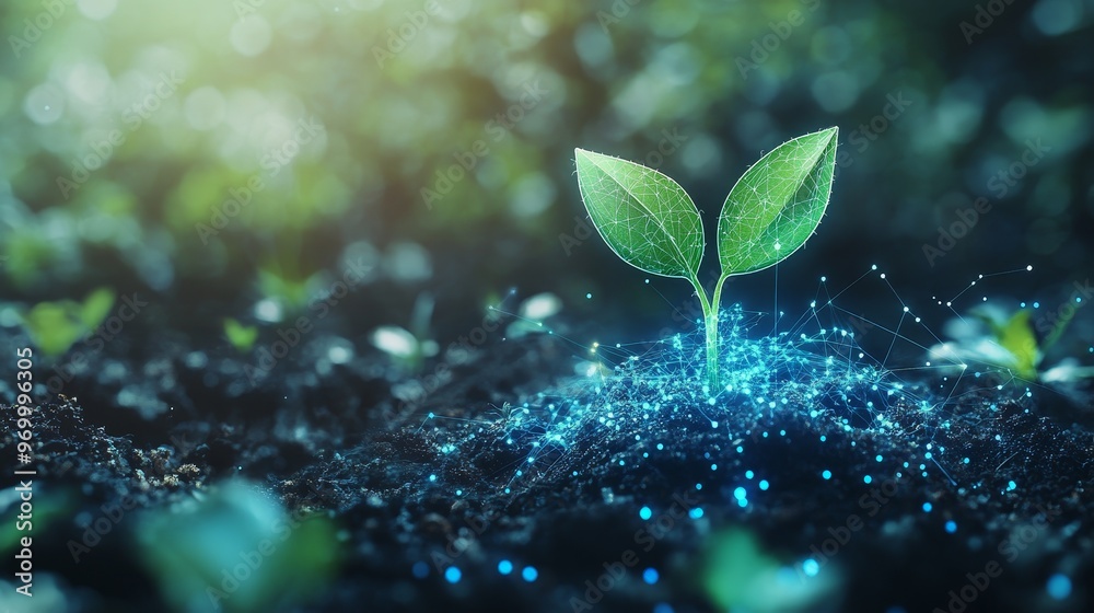 Green plant and digital eco icon represent eco-friendly practices with ...