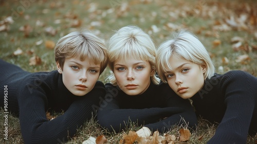 Three young girls in black turtlenecks lying on grass with autumn leaves in t...