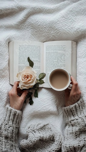 Cozy reading nook with a warm drink and a rose on an open book during a relax...