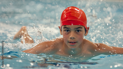 Boy swimmer wearing a red cap, performing a freestyle stroke in a swimming pool.