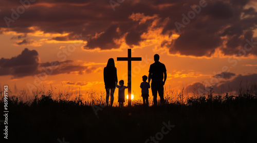 Family looking christian cross silhouette
 photo