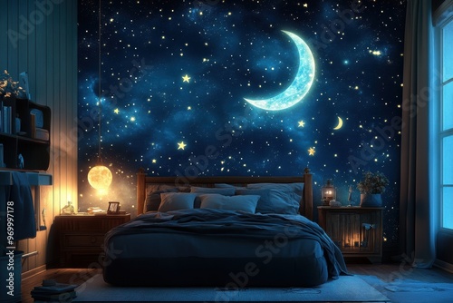 kids bedtime bliss concept banner the celestial moon and stars stickers illuminate the bedroom ceiling, creating an enchanting sleep environment
