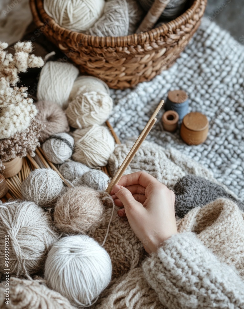 Creating cozy knitted items with natural yarns and tools on a textured gray background Creating cozy knitted items with natural yarns and tools on a textured gray background