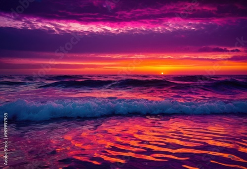 vibrant sunset reflecting calm sea waves colorful skies gentle ocean surface, beach, reflection, colors, sky, horizon, dusk, nature, water, beauty