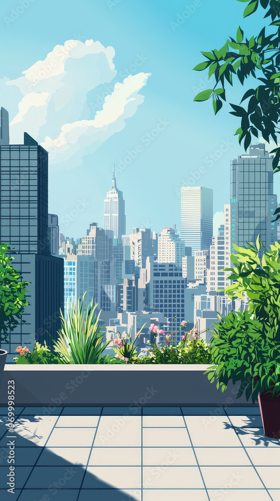 Fototapeta premium A vibrant rooftop garden with stunning city view, showcasing greenery and urban life