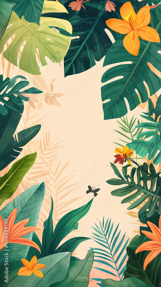 Fototapeta premium A vibrant jungle background filled with lush greenery and colorful flowers