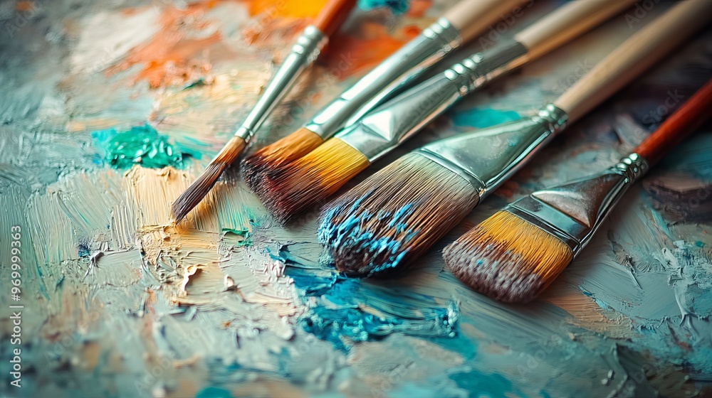 Assorted paint brushes resting on a palette, ready to create. The variety of brush sizes and shapes allows for diverse artistic expression Assorted paint brushes resting on a palette, ready to create. The variety of brush sizes and shapes allows for diverse artistic expression