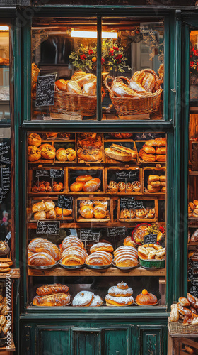 A vibrant bakery window filled with delicious pastries and bread photo