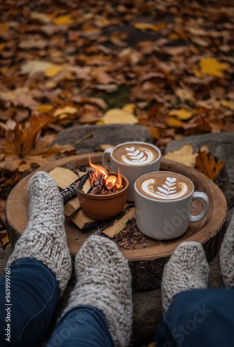 Cozy autumn afternoon with coffee and a fire on a wooden tray surrounded by f...