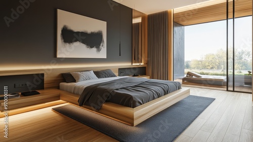 Modern minimalist bedroom with large windows and natural lighting during the day