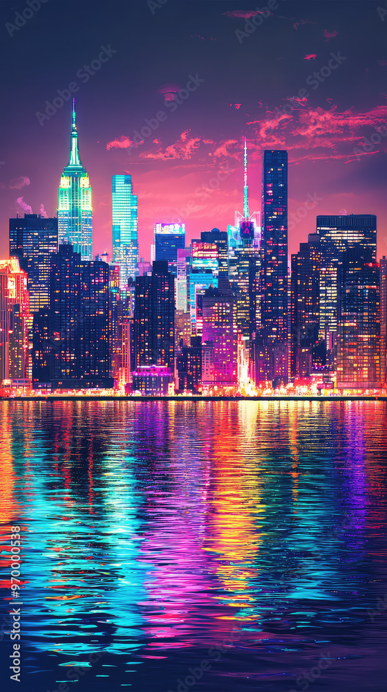 Fototapeta premium A vibrant depiction of city skyline at dusk with colorful reflections