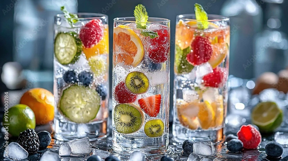A table with two sets of fruit-filled glasses sits next to each other A table with two sets of fruit-filled glasses sits next to each other