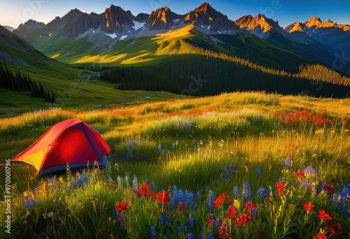 breathtaking mountain vistas surrounded colorful camping gear scenic outdoor landscape, adventure, backpack, backcountry, campinggear, campingground photo