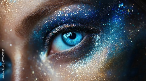 Close-up of a Blue Eye with Glittering Makeup