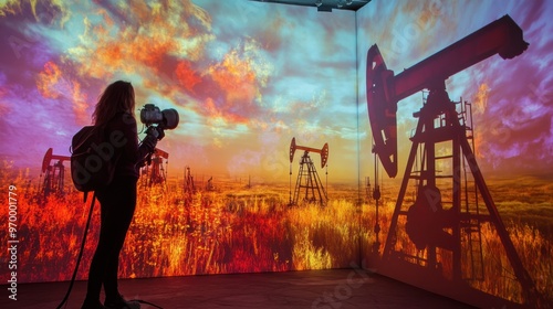 Woman Filming a Projection of Oil Rigs and a Sunset photo