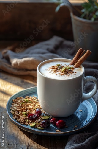 Warm beverage with granola and cinnamon served in a cozy setting during autumn