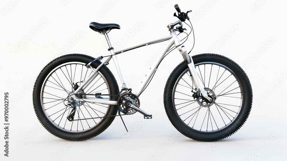 Fototapeta premium A silver mountain bike with black tires and a black seat isolated on a white background.