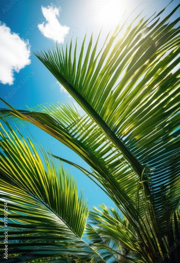 lush green palm fronds vibrant bright blue sky creating tropical paradise atmosphere, leaf, nature, foliage, exotic, landscape, summer, sunlight, botanical lush green palm fronds vibrant bright blue sky creating tropical paradise atmosphere, leaf, nature, foliage, exotic, landscape, summer, sunlight, botanical