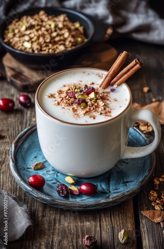Warm beverage with granola and cinnamon served in a cozy setting during autumn