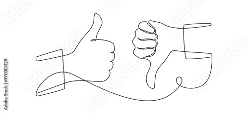 Thumbs up and down in one continuous line drawing. Hand showing like and dislike in simple linear style. Positive and negative finger in editable stroke. Doodle contour vector illustration
