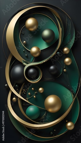 A dark abstract composition with golden curved shapes